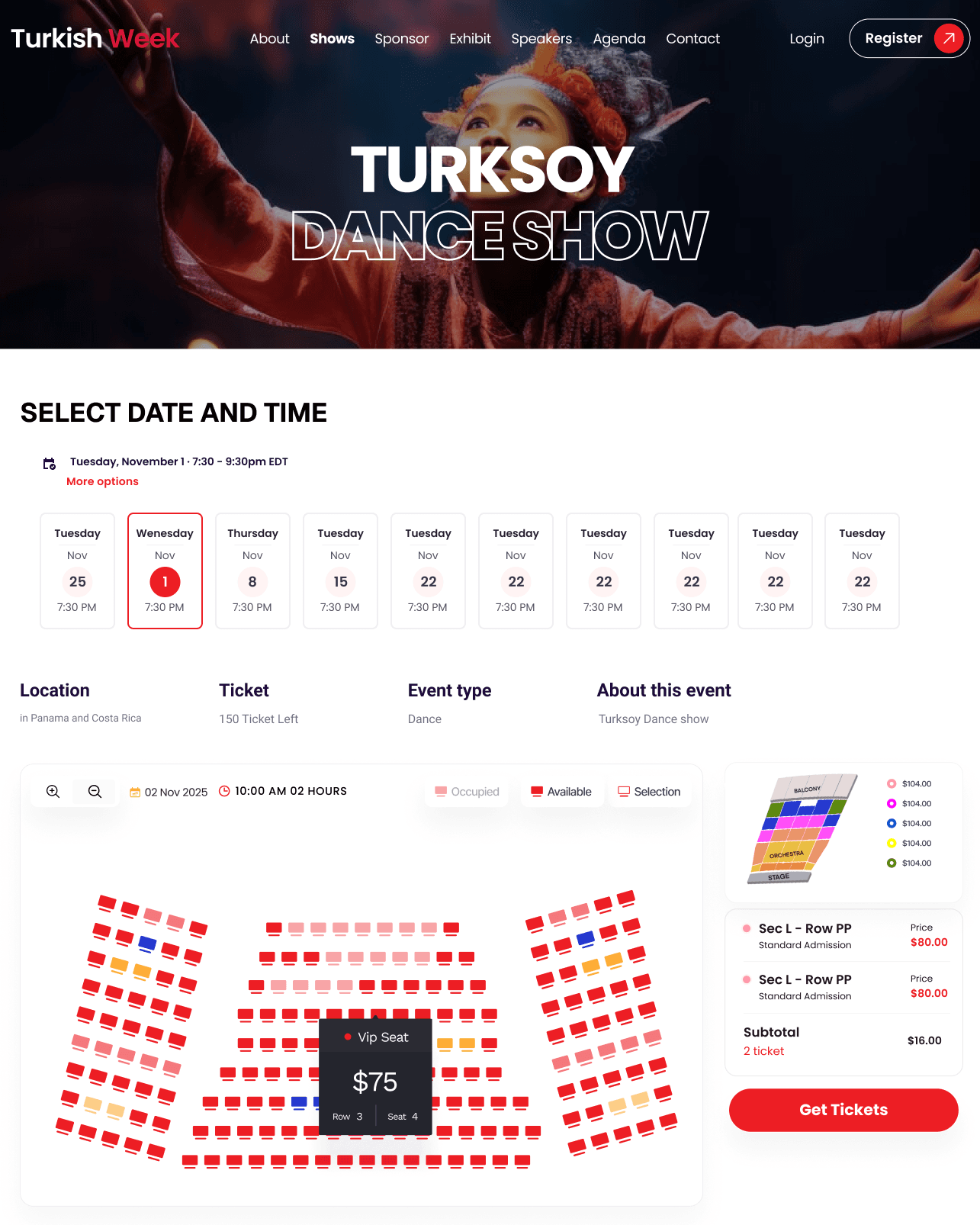 Event listing and booking interface